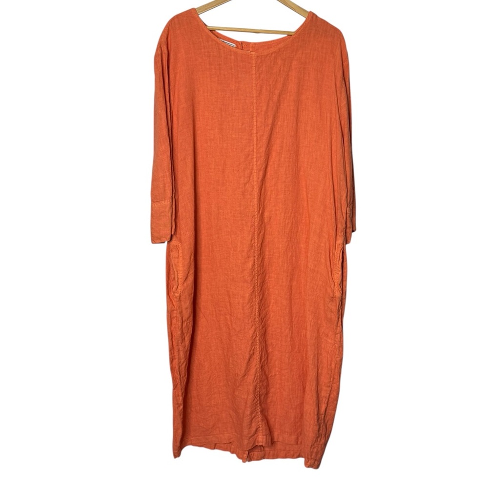 Haris Cotton Orange Linen 3/4 Sleeve Midi Dress‎